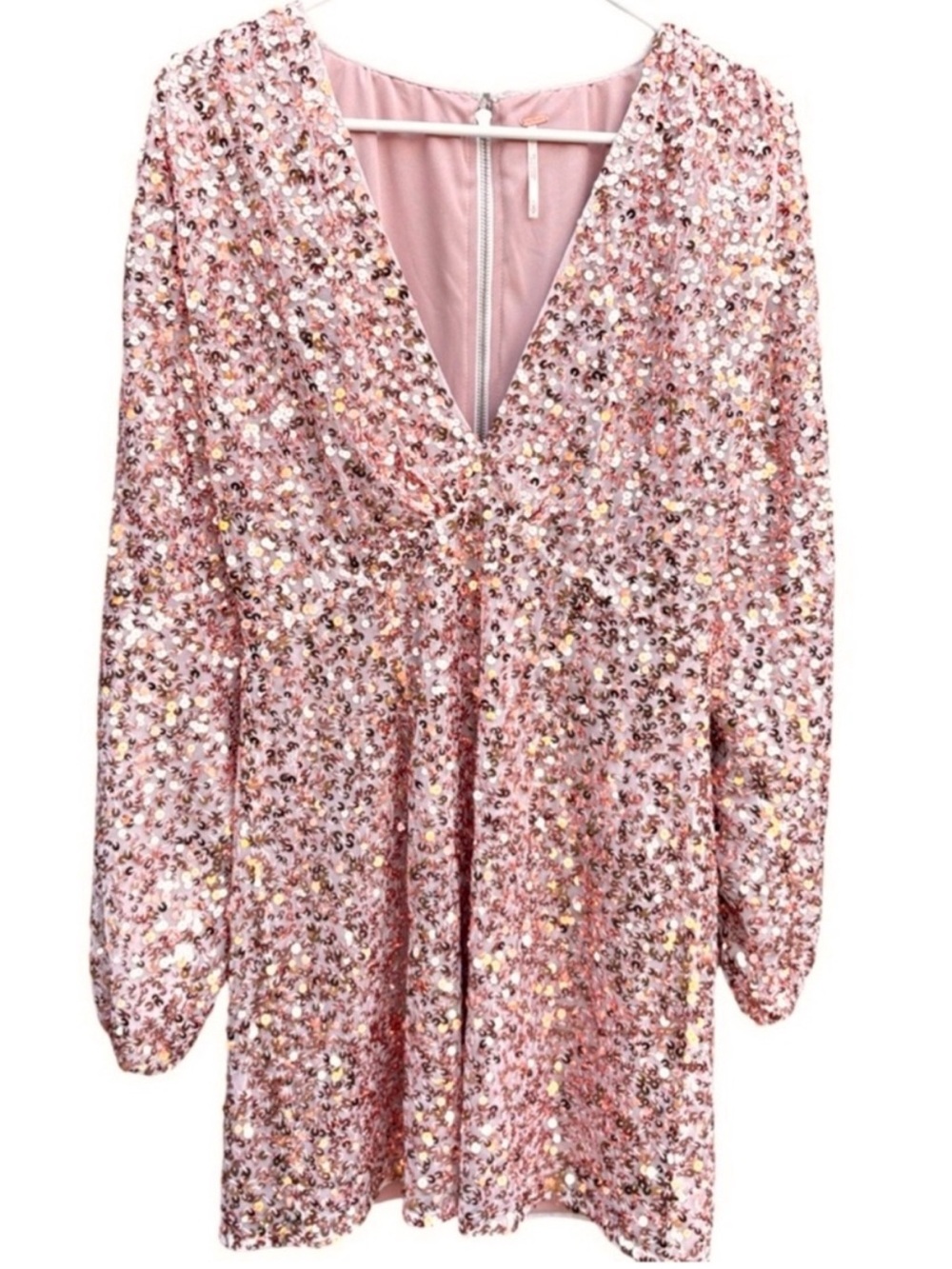 EUC Free People Dance All Night Sequined V Neck Puff SIv. Dress Rose Gold Small